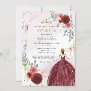 Invitation Bourgogne Gold Floral Princess Sweet 16