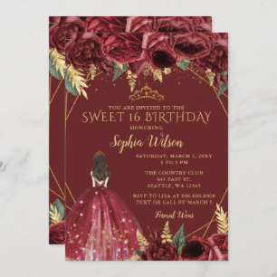 Invitation Bourgogne Gold Floral Princess Sweet 16