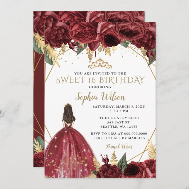 Invitation Bourgogne Gold Floral Princess Sweet 16 (Devant / Derrière)