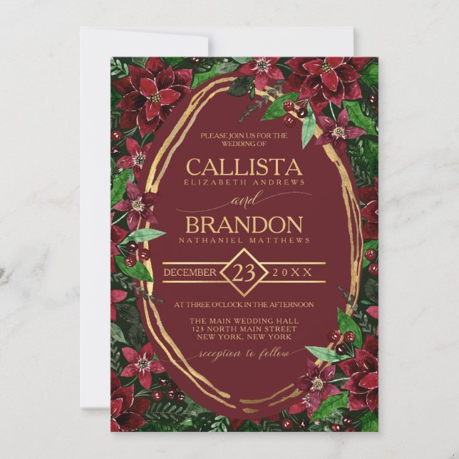Invitation Bourgogne Gold Green Poinsettia Ivy Floral Mariage (Devant)