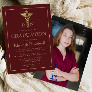 Invitation Bourgogne Gold Nurse RN Photo Graduation Party