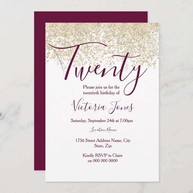 Invitation Bourgogne Gold Parties scintillant 20e anniversair (Devant / Derrière)