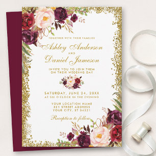 Invitation Bourgogne Gold Parties scintillant Floral Faire-pa