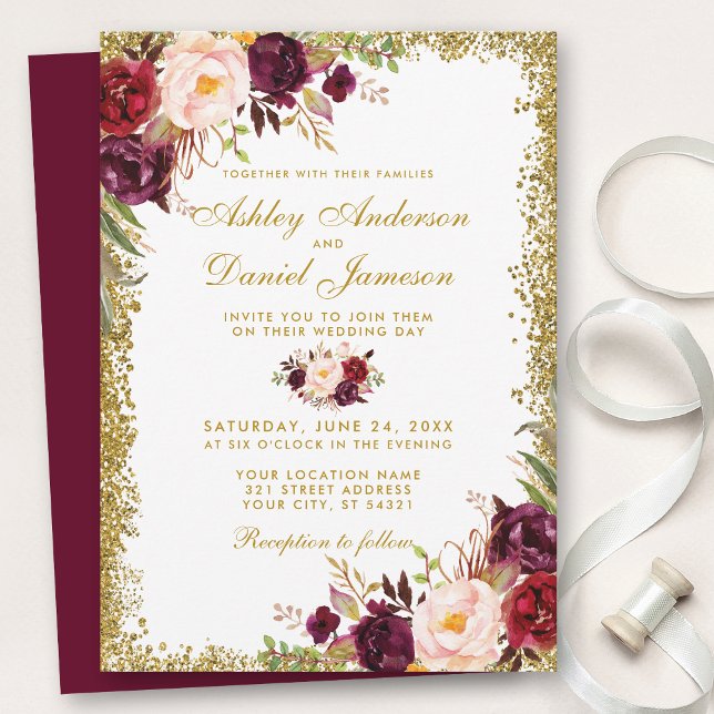 Invitation Bourgogne Gold Parties scintillant Floral Faire-pa (Customize to change text color, style, add text & photos to back or change color of back of card.)