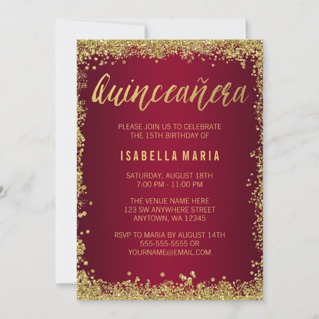 Invitation Bourgogne Gold Parties scintillant Quinceanera 15e (Devant)
