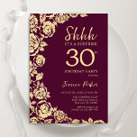 Invitation Bourgogne Gold Roses Surprise 30e anniversaire<br><div class="desc">Burgundy or floral surprise 30e anniversaire invitation fête. Design élégant avec des roses,  fausse feuille d'or et police de script de typographie. Carte invitation tendance parfaite pour une célébration anniversaire élégante. Peut être customisé à n'importe quel âge. Invitations Zazzle imprimées ou téléchargement instantané modèle imprimable numérique.</div>