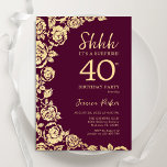 Invitation Bourgogne Gold Roses Surprise 40e anniversaire<br><div class="desc">Burgundy or floral surprise 40e anniversaire invitation fête. Design élégant avec des roses,  fausse feuille d'or et police de script de typographie. Carte invitation tendance parfaite pour une célébration anniversaire élégante. Peut être customisé à n'importe quel âge. Invitations Zazzle imprimées ou téléchargement instantané modèle imprimable numérique.</div>