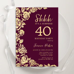 Invitation Bourgogne Gold Roses Surprise 40e anniversaire