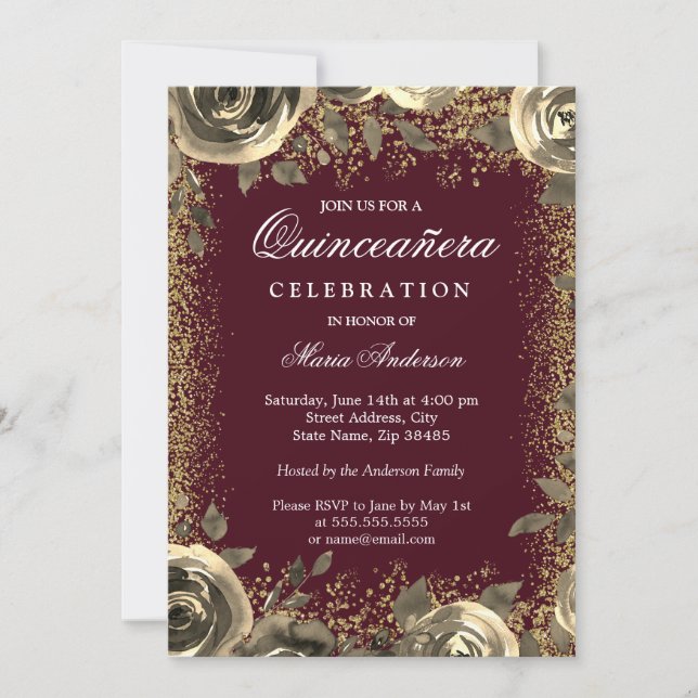 Invitation Bourgogne & Gold Sparkle Parties scintillant Quinc (Devant)