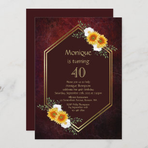 Invitation Bourgogne Gold Sunflower Floral 40e fête d'anniver