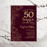 Invitation Bourgogne Gold Surprise 50e fête d'anniversaire<br><div class="desc">Bourgogne Gold Floral Surprise 50e anniversaire de fête Invitation. Design minimaliste moderne marron avec accents botaniques et police de script typographique. Carte invitation florale simple parfaite pour une célébration anniversaire surprise femme élégante. Peut être customisé à n'importe quel âge.</div>