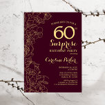 Invitation Bourgogne Gold Surprise 60e fête d'anniversaire<br><div class="desc">Bourgogne Gold Floral Surprise 60e anniversaire de fête Invitation. Design minimaliste moderne marron avec accents botaniques et police de script typographique. Carte invitation florale simple parfaite pour une célébration anniversaire surprise femme élégante. Peut être customisé à n'importe quel âge.</div>