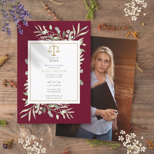 Invitation Bourgogne Green Law School Graduation Photo (Burgundy Greenery Law School Graduation Photo Invitation)
