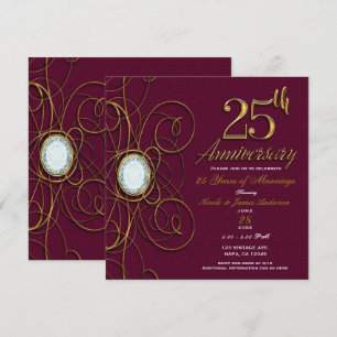 Invitation Bourgogne Grenat & Or Diamant 25 25e Anniversaire