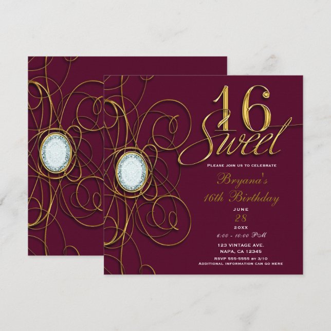 Invitation Bourgogne Grenat Or Diamant Douze Ans Anniversaire (Devant / Derrière)