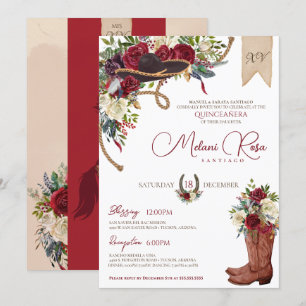 Invitation Bourgogne Hiver Floral Ouest Charro Quinceanera
