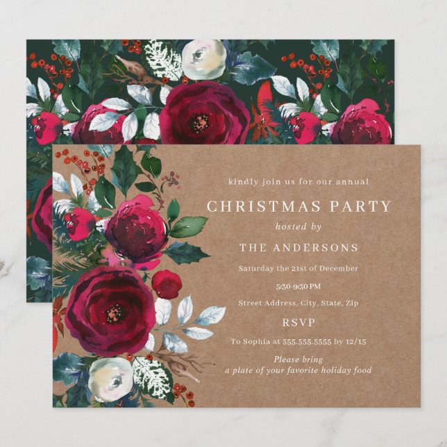 Invitation Bourgogne hivernal Feuillage vert Fête de Noël (Devant / Derrière)