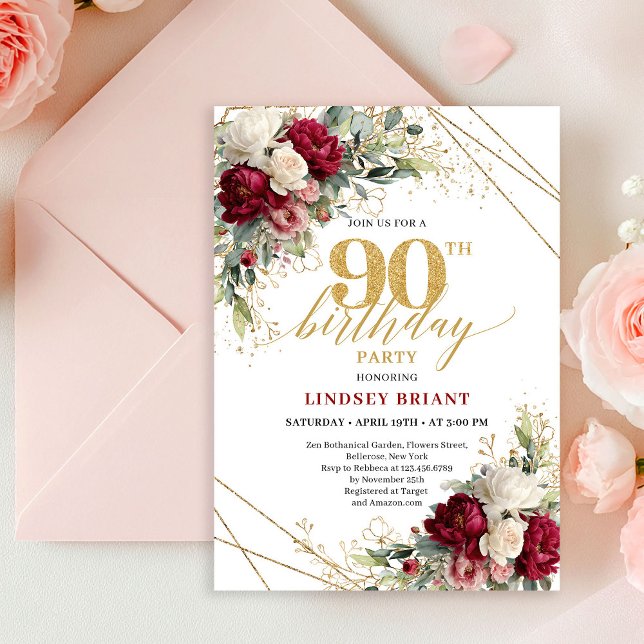 Invitation Bourgogne intemporel et roses blanches pour 90e an (Timeless Burgundy and White Roses 90th Birthday Invite)