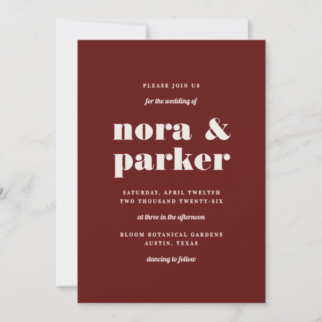 Invitation Bourgogne & Ivoire Mariage Formel Moderne Simple (Devant)