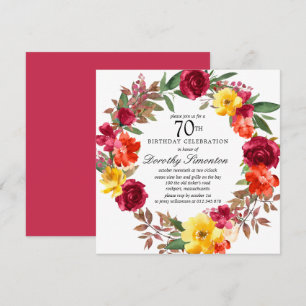 Invitation Bourgogne Jaune Orange Florale 70e anniversaire
