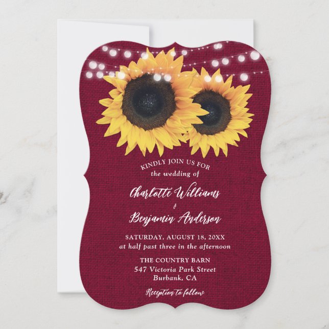 Invitation Bourgogne Mariage de tournesol (Devant)