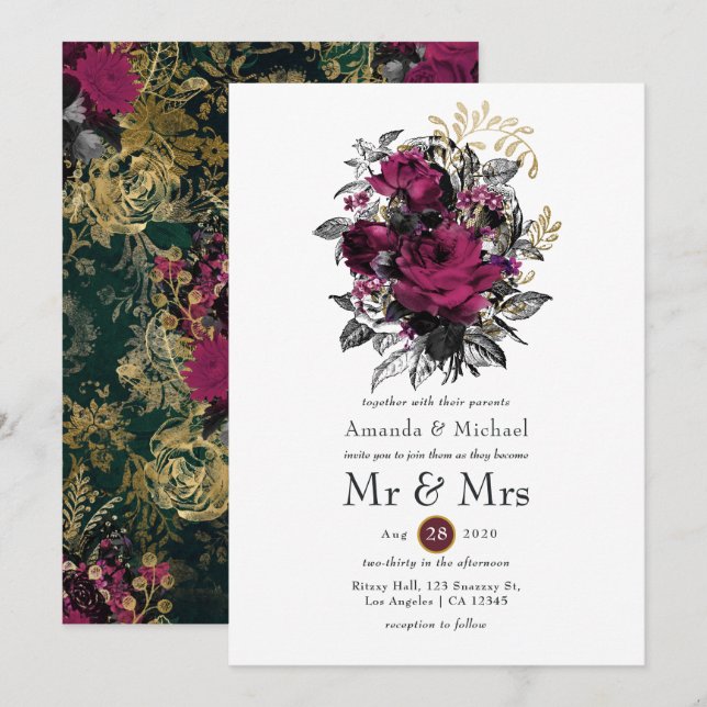 Invitation Bourgogne - Mariage Floral Marsala et Or (Devant / Derrière)