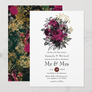 Invitation Bourgogne - Mariage Floral Marsala et Or
