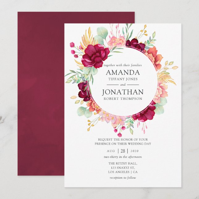 Invitation Bourgogne - Mariage Floral Marsala et Rose (Devant / Derrière)