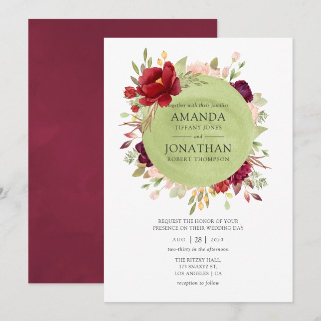 Invitation Bourgogne - Mariage Floral Marsala et Rose (Devant / Derrière)