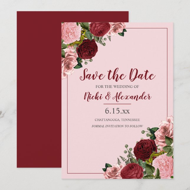 Invitation Bourgogne Mariage Floral Save Date Rose Pâle (Devant / Derrière)