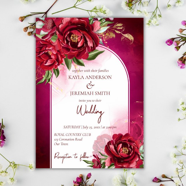 Invitation Bourgogne mariage marron fleurs arche moderne (Créateur téléchargé)