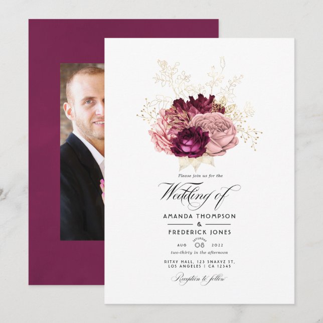 Invitation Bourgogne - Mariage Rose Pâle et Or Marsala (Devant / Derrière)