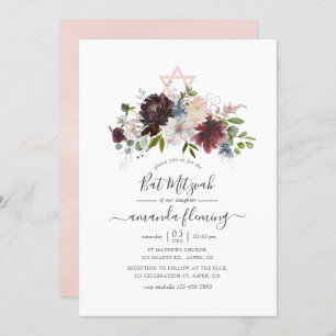 Invitation Bourgogne, marine et Bat mitzvah blush