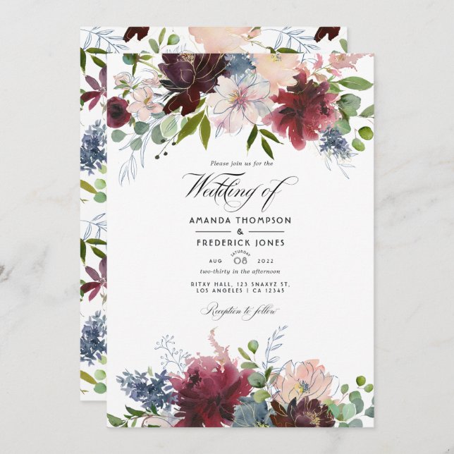 Invitation Bourgogne, Marine et Blush Floral Mariage Update I (Devant / Derrière)