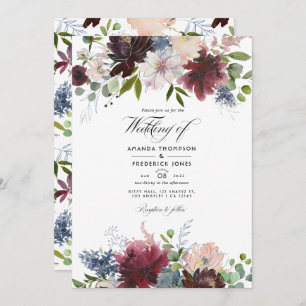 Invitation Bourgogne, Marine et Blush Floral Mariage Update I