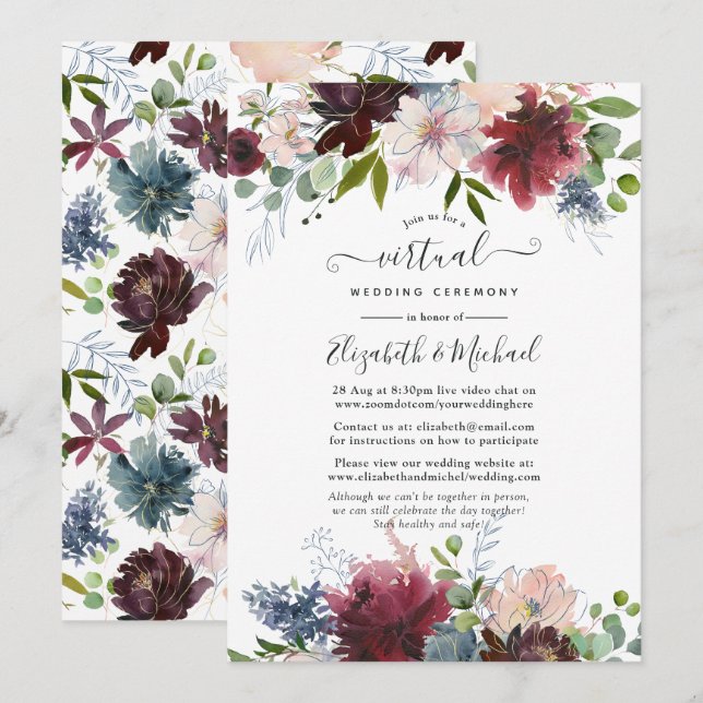 Invitation Bourgogne, Marine et Blush Floral Mariage virtuel (Devant / Derrière)