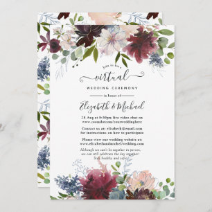 Invitation Bourgogne, Marine et Blush Floral Mariage virtuel