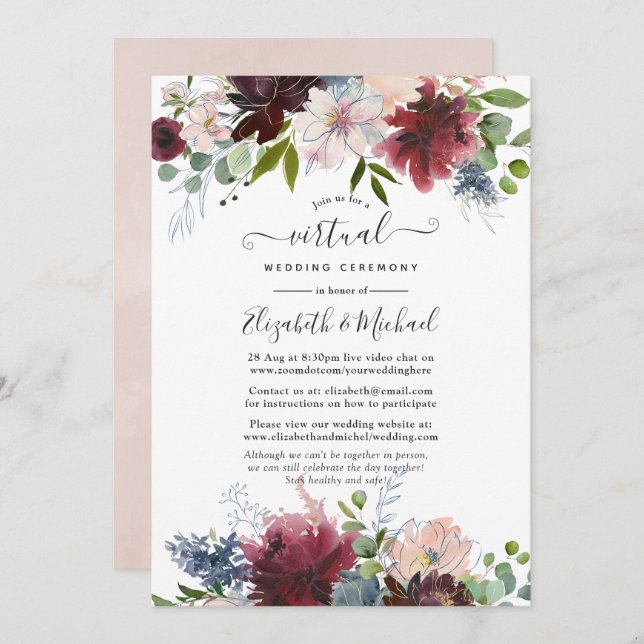 Invitation Bourgogne, Marine et Blush Floral Mariage virtuel (Devant / Derrière)