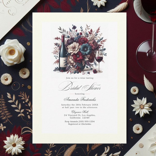 Invitation Bourgogne & Marine Floral Vin à thème Fête des mar (Burgundy & Navy Floral Wine-Themed Bridal Shower Invitation)