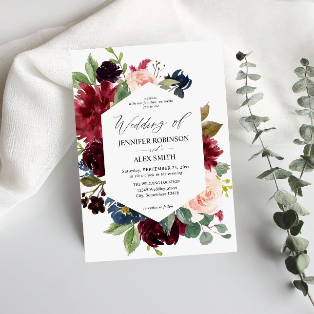 Invitation Bourgogne & Marine, Mariage floral rose pâle (Créateur téléchargé)