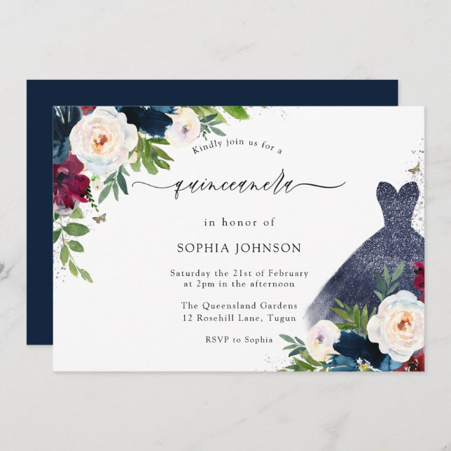 Invitation Bourgogne & Marine Robe Florale Quinceanera Party (Devant / Derrière)