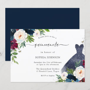 Invitation Bourgogne & Marine Robe Florale Quinceanera Party