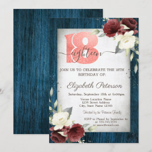 Invitation Bourgogne Marine Rose Bleu Bois 18e anniversaire