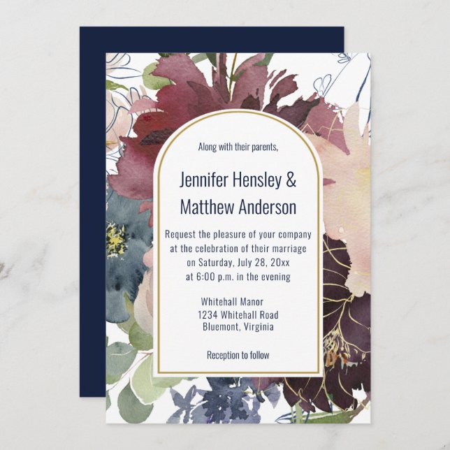 Invitation Bourgogne, marine, Rose et Mariage de la florale d (Devant / Derrière)