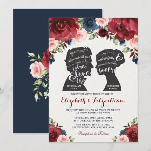 Invitation Bourgogne Marine Rouge Floral Fierté Préjugés Mari