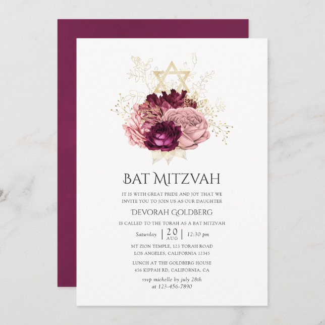 Invitation Bourgogne Marsala Blush Bat mitzvah rose et or (Devant / Derrière)