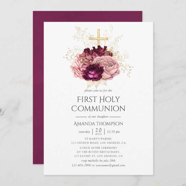 Invitation Bourgogne Marsala Blush Pink & Gold Holy Communion (Devant / Derrière)