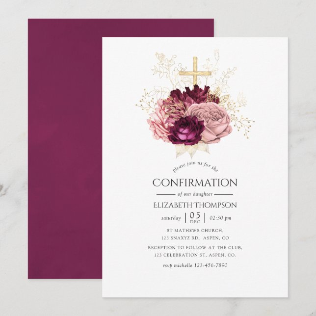 Invitation Bourgogne Marsala Blush Rose et Or Confirmation (Devant / Derrière)