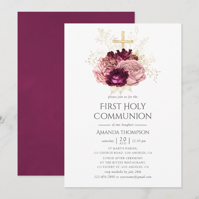 Invitation Bourgogne Marsala Blush Rose & Or Communion (Devant / Derrière)