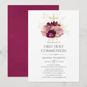 Invitation Bourgogne Marsala Blush Rose & Or Communion
